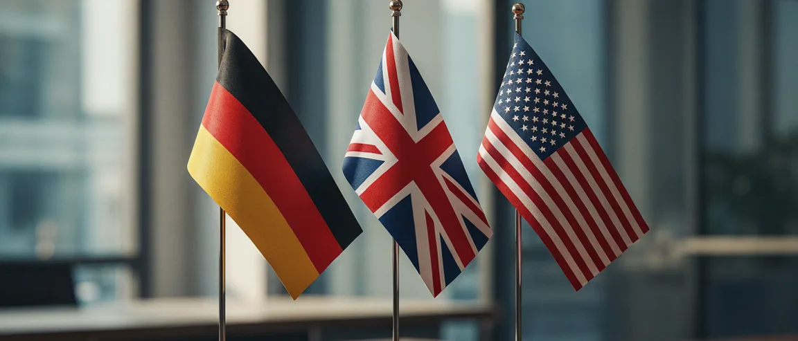 Deutsche, britische und amerikanische Tischflagge auf einem Konferenztisch – IT-Sicherheitsanforderungen auf Englisch kommunizieren