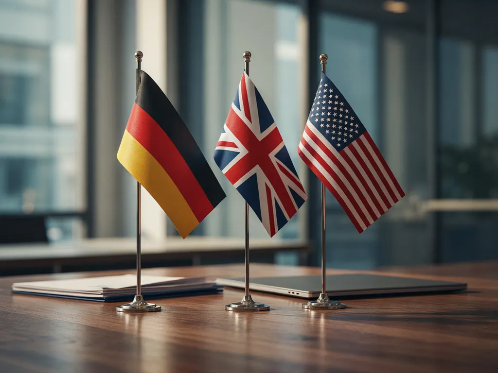 Deutsche, britische und amerikanische Tischflagge auf einem Konferenztisch – IT-Sicherheitsanforderungen auf Englisch kommunizieren