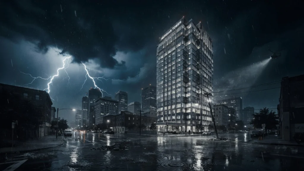 Bürohochhaus bei Nacht im Gewitter mit Blitz – Sinnbild für Krisenfall und Business Continuity
