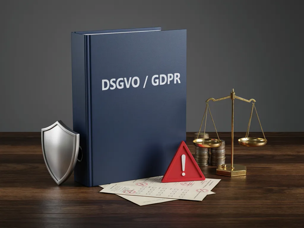 DSGVO/GDPR-Ordner mit Schutzschild, Waage und Warnsymbol auf einem Schreibtisch – externer Datenschutzbeauftragter