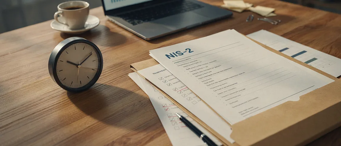 NIS-2-Checkliste auf einem Schreibtisch mit Laptop, Uhr und Kaffee – NIS-2-Umsetzung planen