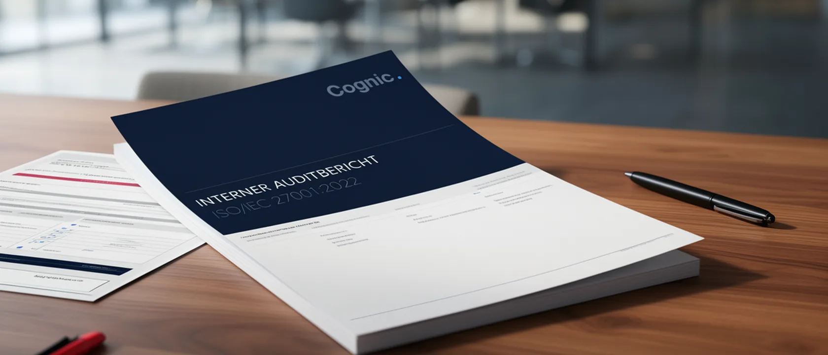 Interner Auditbericht ISO/IEC 27001:2022 von Cognic auf einem Konferenztisch