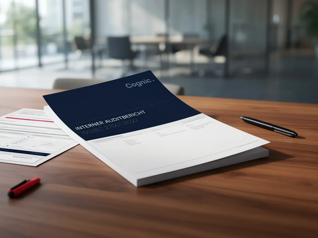 Interner Auditbericht ISO/IEC 27001:2022 von Cognic auf einem Konferenztisch
