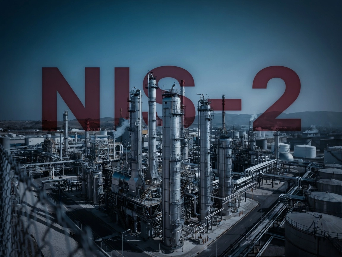 Industrieanlage mit Rohrleitungen und Türmen, darüber der Schriftzug NIS-2