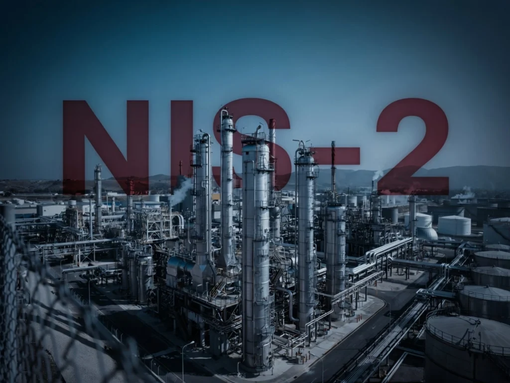 Industrieanlage mit Rohrleitungen und Türmen, darüber der Schriftzug NIS-2