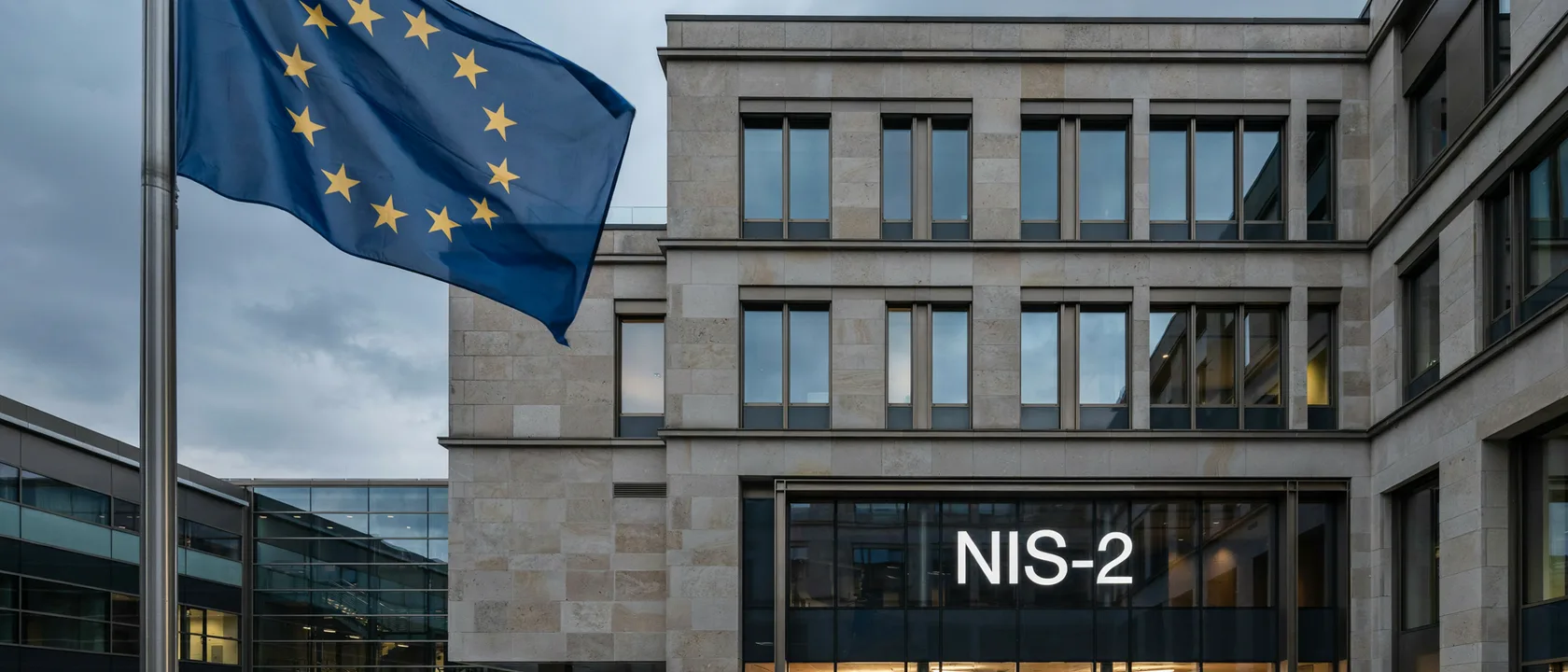 EU-Flagge vor einem Verwaltungsgebäude mit dem Schriftzug NIS-2 über dem Eingang