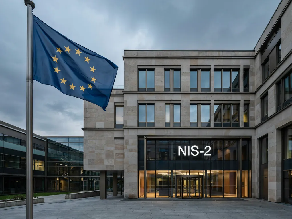 EU-Flagge vor einem Verwaltungsgebäude mit dem Schriftzug NIS-2 über dem Eingang