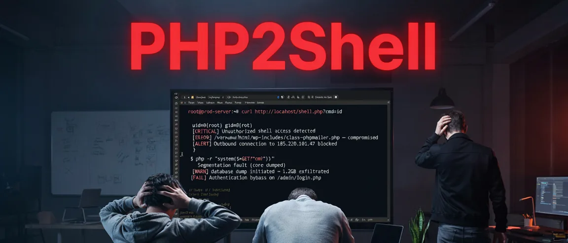 Drei IT-Mitarbeiter vor einem Bildschirm mit Sicherheitswarnungen – Schriftzug PHP2Shell