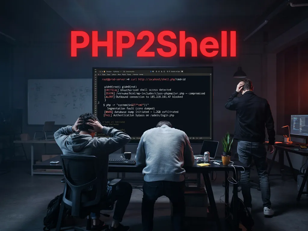 Drei IT-Mitarbeiter vor einem Bildschirm mit Sicherheitswarnungen – Schriftzug PHP2Shell