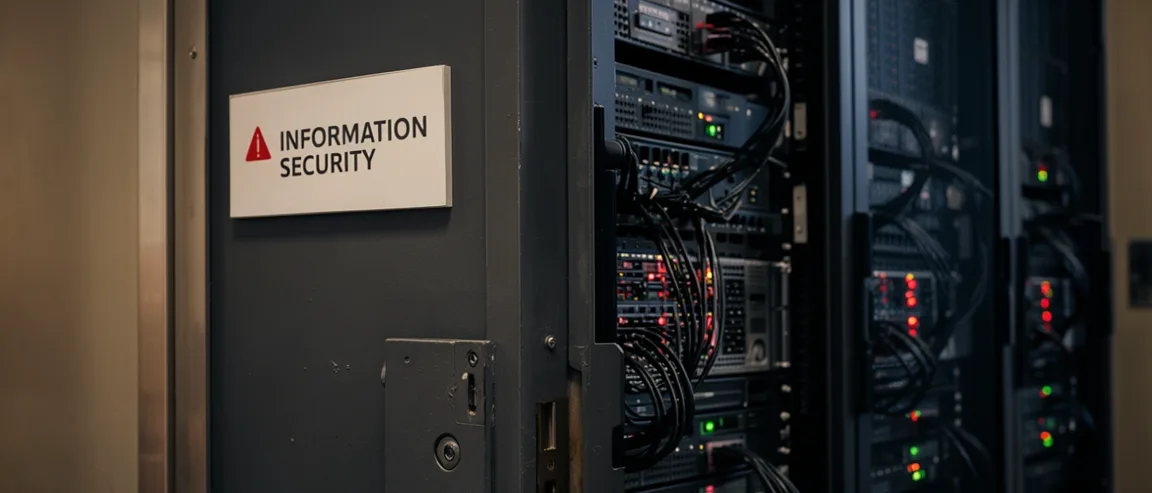 Gesicherte Tür zum Serverraum mit Schild Information Security – Informationssicherheit im Unternehmen