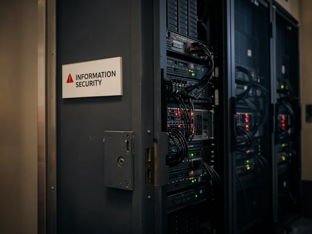 Gesicherte Tür zum Serverraum mit Schild Information Security – Informationssicherheit im Unternehmen