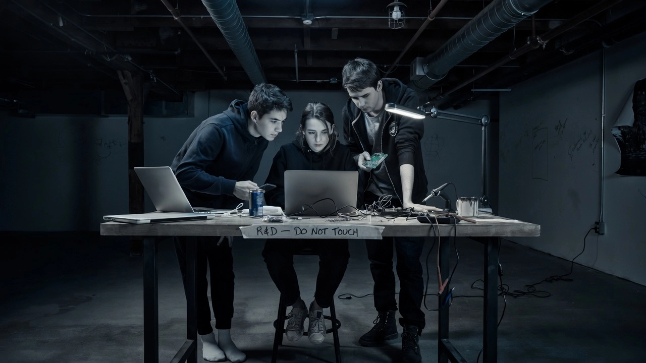 Drei junge Entwickler eines Startups arbeiten in einer Werkstatt an Laptops und Hardware