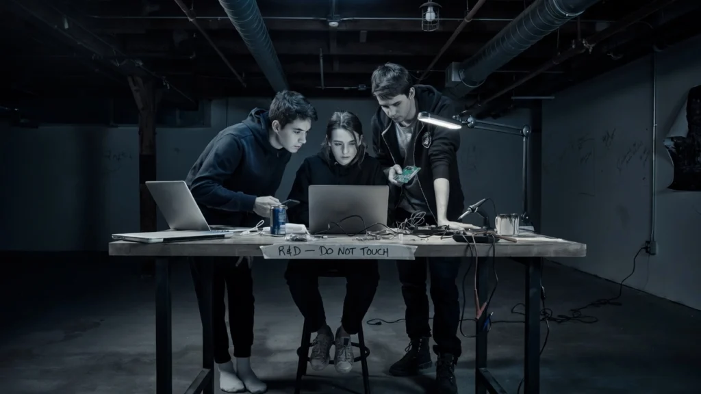 Drei junge Entwickler eines Startups arbeiten in einer Werkstatt an Laptops und Hardware