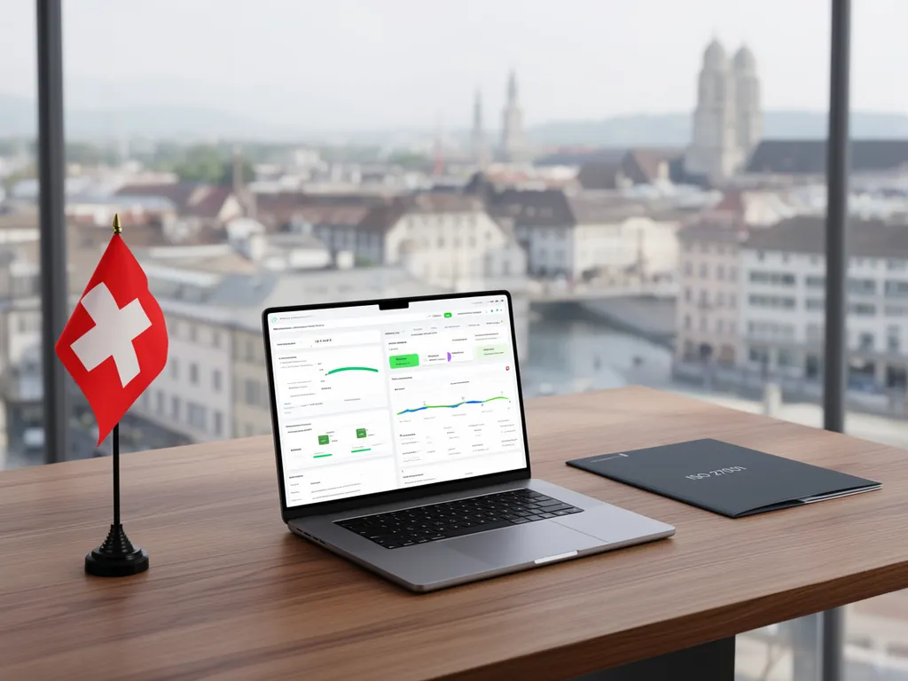Laptop mit Compliance-Dashboard und ISO-27001-Mappe vor der Zürcher Altstadt mit Schweizer Fahne